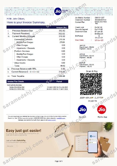 India Jio Digital Life utility bill template in Word and PDF formats, version 2